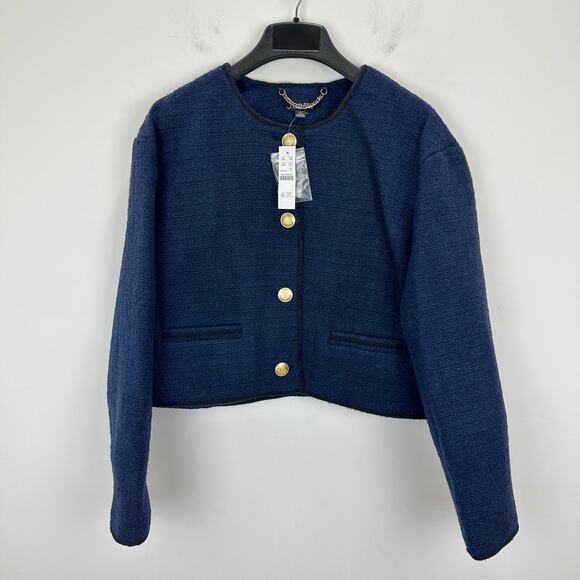 J.Crew Tweed Bomber Lady Jacket Navy Wool Blend Preppy Cropped Relaxed US 12 NWT - Picture 8 of 11